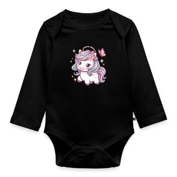 Licorne Kawaii mignonne avec papillon - Body Bébé bio manches longues - noir - Devant