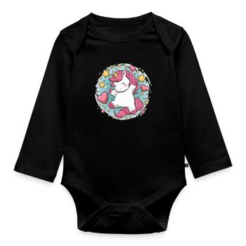 Niedliches Kawaii Einhorn mit Sternen und Herzen - Baby Bio-Langarm-Body - Schwarz - Vorne