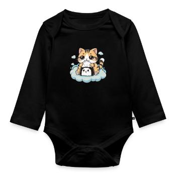 Chat Kawaii mignon avec onigiri - Body Bébé bio manches longues - noir - Devant
