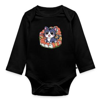 Cute kawaii cat loves sushi - Organic Longsleeve Baby Bodysuit - black - Front