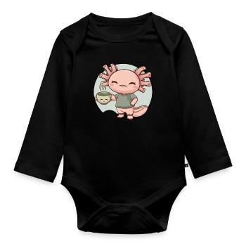 Kawaii Axolotl aime le thé vert - Body Bébé bio manches longues - noir - Devant