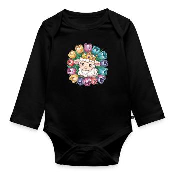 Royal Kawaii Sheep with Crown and Tulips - Organic Longsleeve Baby Bodysuit - black - Front