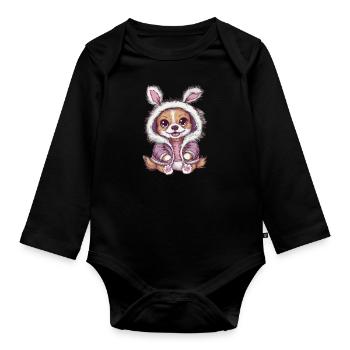 Chien Kawaii avec Tenue Lapins - Body Bébé bio manches longues - noir - Devant