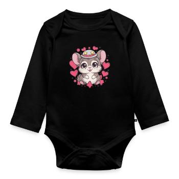 Chinchila kawaii avec cœurs et étoiles - Body Bébé bio manches longues - noir - Devant