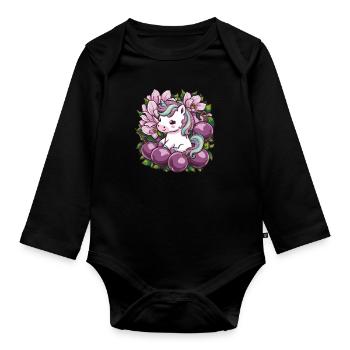 Licorne Kawaii avec des prunes et des fleurs - Body Bébé bio manches longues - noir - Devant