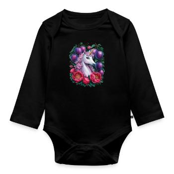 Licorne Kawaii avec des prunes et des fleurs - Body Bébé bio manches longues - noir - Devant