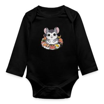Kawaii chinchilla with Japanese sushi - Organic Longsleeve Baby Bodysuit - black - Front