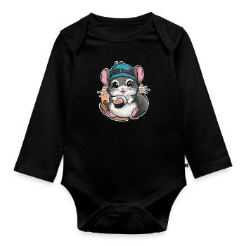 Kawaii chinchilla with Japanese sushi - Organic Longsleeve Baby Bodysuit - black - Front