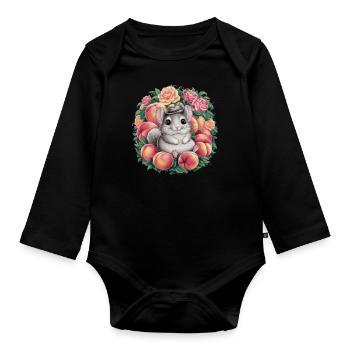 Cartoon Kawaii Chinchilla mit Rosen und Pfirsich - Baby Bio-Langarm-Body - Schwarz - Vorne