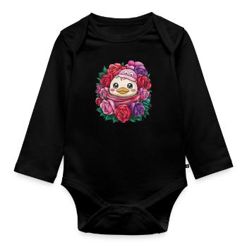 Kawaii duck with colorful roses - Organic Longsleeve Baby Bodysuit - black - Front