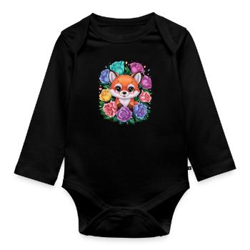 Dessin animé renard kawaii avec des roses colorées. - Body Bébé bio manches longues - noir - Devant