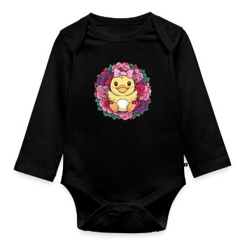 Kawaii duck with colorful roses - Organic Longsleeve Baby Bodysuit - black - Front