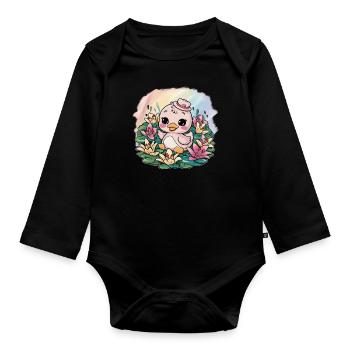Kawaii Entchen mit farbenfrohen Lillien - Baby Bio-Langarm-Body - Schwarz - Vorne