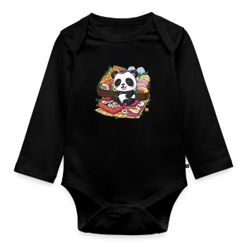 Red Kawaii Panda with Lunch Box - Organic Longsleeve Baby Bodysuit - black - Front