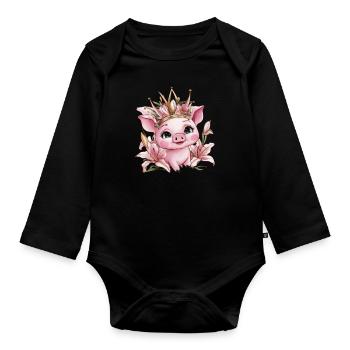 Schwein mit Krone und Lillien - Baby Bio-Langarm-Body - Schwarz - Vorne