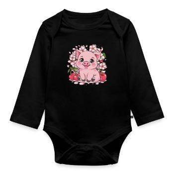 Süßes Kawai Schwein mit Sakura Kirschblüten - Baby Bio-Langarm-Body - Schwarz - Vorne