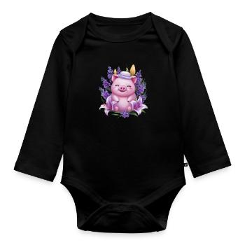 Cochon dans le style de dessin animé kawaii avec de la lavande - Body Bébé bio manches longues - noir - Devant