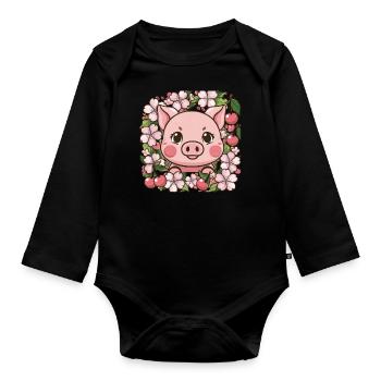 Süßes Kawai Schwein mit Sakura Kirschblüten - Baby Bio-Langarm-Body - Schwarz - Vorne