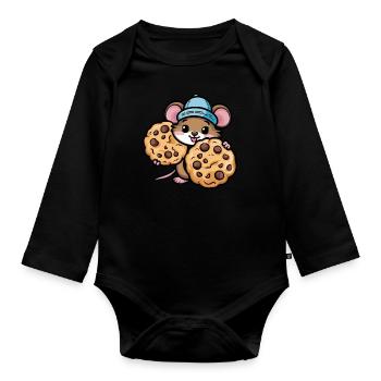Kawaii Mouse with Chocolate Chip Cookies - Organic Longsleeve Baby Bodysuit - black - Front