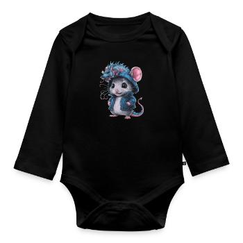 Cartoon Kawaii Mouse with Dragon Outfit - Organic Longsleeve Baby Bodysuit - black - Front