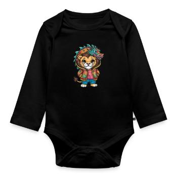 Joli lion kawaii de dessin animé avec tenue de dragon. - Body Bébé bio manches longues - noir - Devant