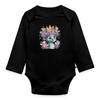 Dragon avec couronne et fleurs colorées - Body Bébé bio manches longues - noir - Devant