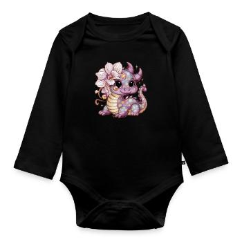 Cartoon Kawaii Drache mit schönen Orchideen - Baby Bio-Langarm-Body - Schwarz - Vorne