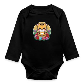 Tigre Kawaii avec Fraises et Roses - Body Bébé bio manches longues - noir - Devant