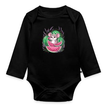 Souris Kawaii mignonne avec melon et lavande - Body Bébé bio manches longues - noir - Devant