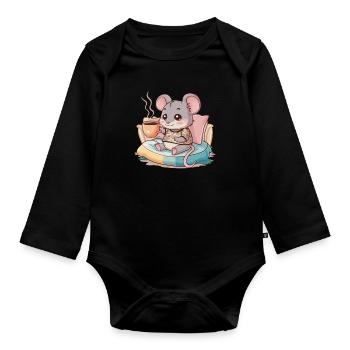 Kawaii mouse with simple coffee cup - Organic Longsleeve Baby Bodysuit - black - Front
