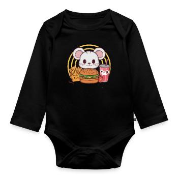 Souris Kawaii avec Burger de Restauration Rapide, Frites - Body Bébé bio manches longues - noir - Devant