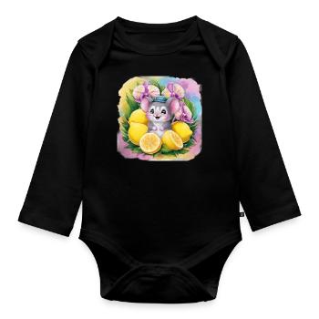 Souris kawaii de dessin animé avec des citrons et des orchidées. - Body Bébé bio manches longues - noir - Devant