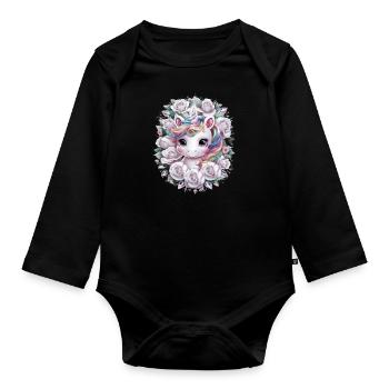Kawaii Einhorn mit Rosen - Baby Bio-Langarm-Body - Schwarz - Vorne
