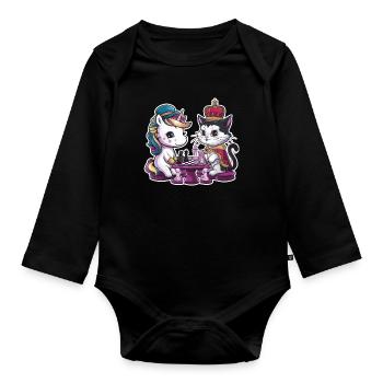 Licorne kawaii jouant aux échecs avec des pièces d’échecs - Body Bébé bio manches longues - noir - Devant