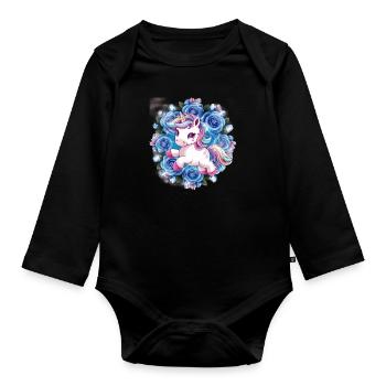 Kawaii Einhorn mit Rosen - Baby Bio-Langarm-Body - Schwarz - Vorne