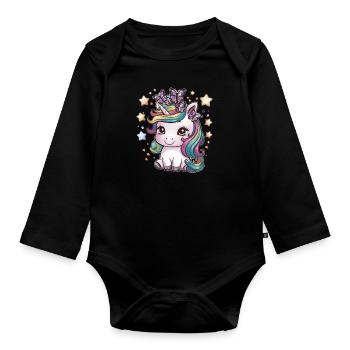 Kawaii Unicorn with Butterflies - Organic Longsleeve Baby Bodysuit - black - Front