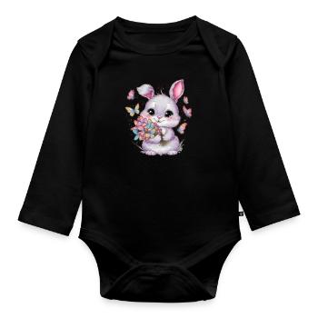 Lapin kawaii avec des papillons - Body Bébé bio manches longues - noir - Devant