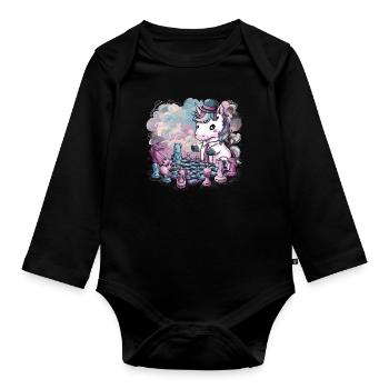 Licorne kawaii jouant aux échecs avec des pièces d’échecs - Body Bébé bio manches longues - noir - Devant