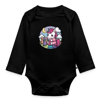 Licorne kawaii jouant aux échecs avec des pièces d’échecs - Body Bébé bio manches longues - noir - Devant