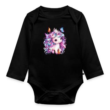 Kawaii Einhorn mit Schmetterlingen - Baby Bio-Langarm-Body - Schwarz - Vorne