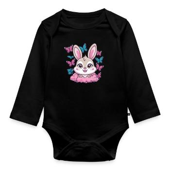 Lapin kawaii avec des papillons - Body Bébé bio manches longues - noir - Devant