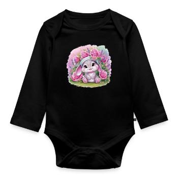 Mignon lapin kawaii avec des roses et de la lavande - Body Bébé bio manches longues - noir - Devant