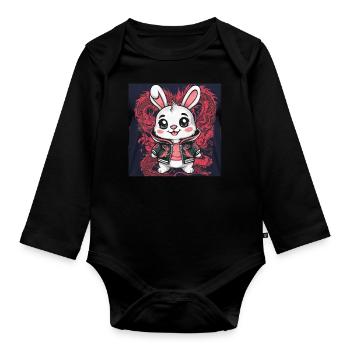 Lapin Kawaii de dessin animé avec tenue de dragon cool - Body Bébé bio manches longues - noir - Devant