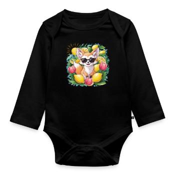 Renard du désert Fennec aux tulipes et citrons. - Body Bébé bio manches longues - noir - Devant