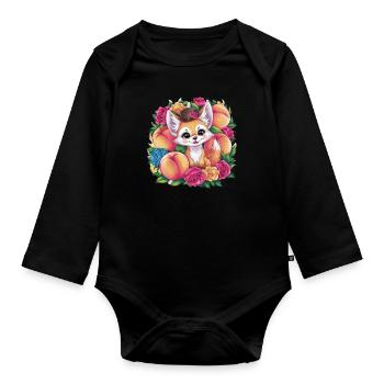 Fennec Kawaii Renard du désert aux pêches - Body Bébé bio manches longues - noir - Devant