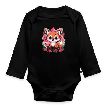 Kawaii Fuchs mit Erdbeeren und Wassermelone - Baby Bio-Langarm-Body - Schwarz - Vorne