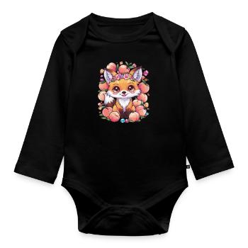 Cartoon Kawaii Fuchs mit Pfirsichen - Baby Bio-Langarm-Body - Schwarz - Vorne