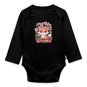 Kawaii Fox with Cherries and Sakura Cherry Blossoms - Organic Longsleeve Baby Bodysuit - black - Front