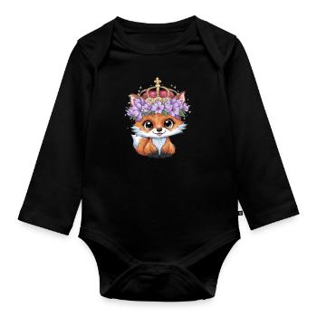Kawaii Fox with Crown and Purple Flowers - Organic Longsleeve Baby Bodysuit - black - Front