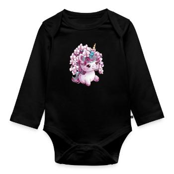 Süßes Einhorn mit Orchideen - Baby Bio-Langarm-Body - Schwarz - Vorne
